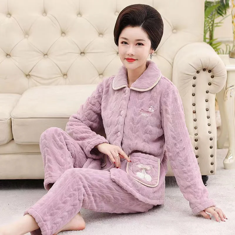 New Pajama Sets Women's Winter Flannel Pyjamas Thick Warm Coral Fleece Pijamas Female Home Clothes For Mom