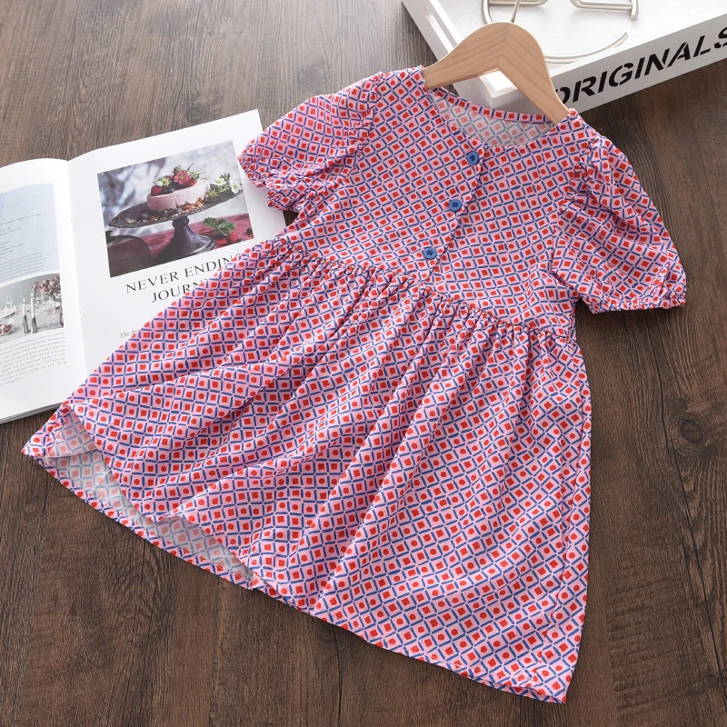 

Girls Geometric Print Dress 2021 Summer Short Sleeve Cotton Dresses Clothing Kids Baby Casual Dresses Children Clothes