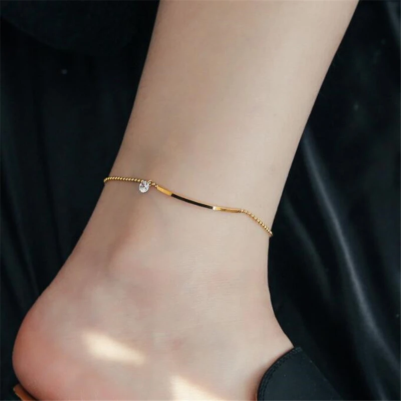 

New 18K Gold Plated Stainless Steel Bohemia Chain Anklets for Women CZ Crystal Beach Barefoot Sandals Bracelet Ankle on the Leg