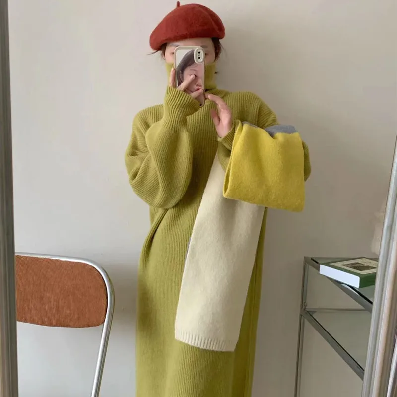 

2022 Autumn Winter Vestidos Casual Thicken Warm Women Knitted Dress Full Sleeve Loose Turtleneck Female Sweater Dresses