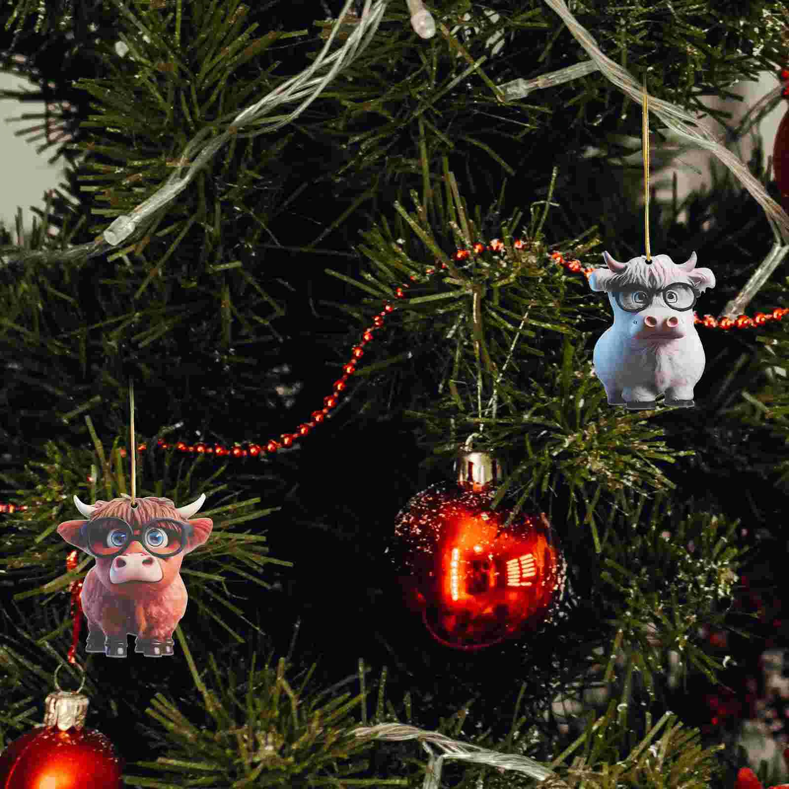 

2 Pcs Christmas Tree Decorations Hanging Highland Cow Pendant Modeling Cows Party Acrylic Ornament Decors