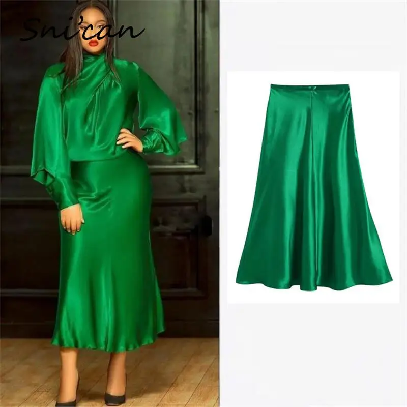 

Solid Green Satin Long Skirt Women Fashion A Line High Waist Elegant Ladies Jupe Longue Vintage Spring Summer Bottom Faldas 2022