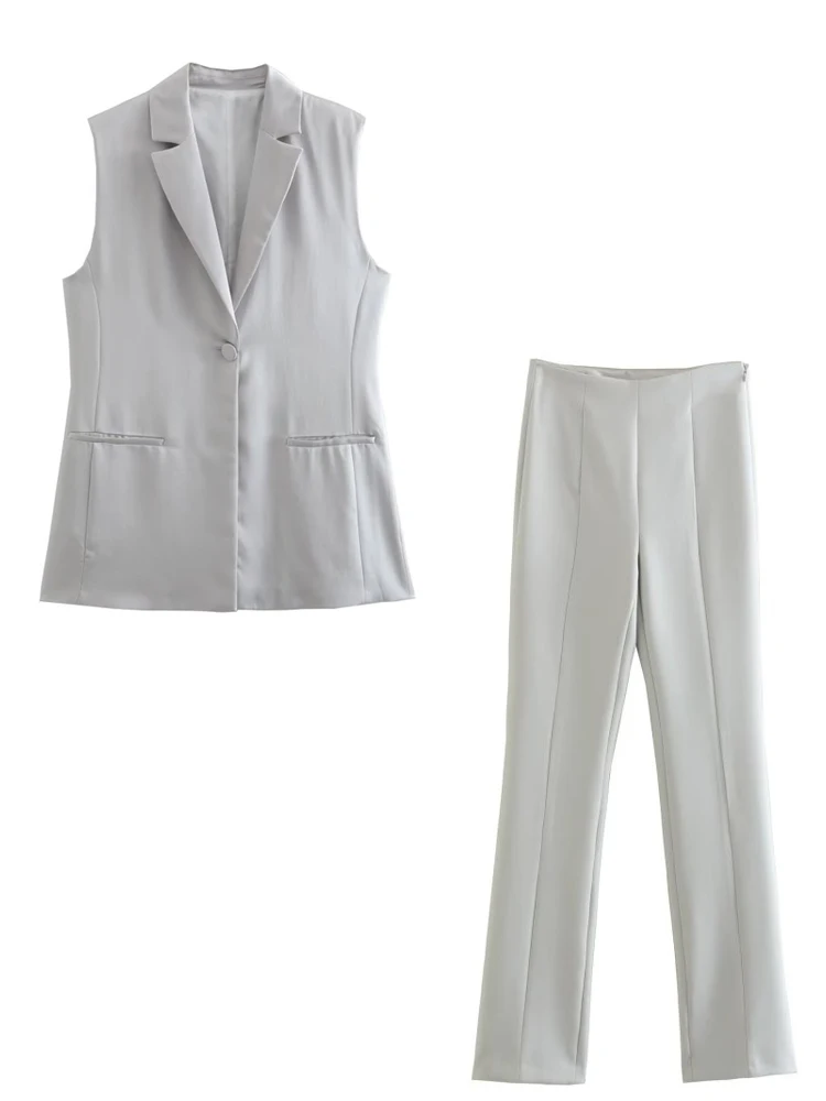 

Женский брючный костюм из 2-х предметов, повседневный однотонный жилет и брюки-клеш, элегантная уличная одежда, лето 2022