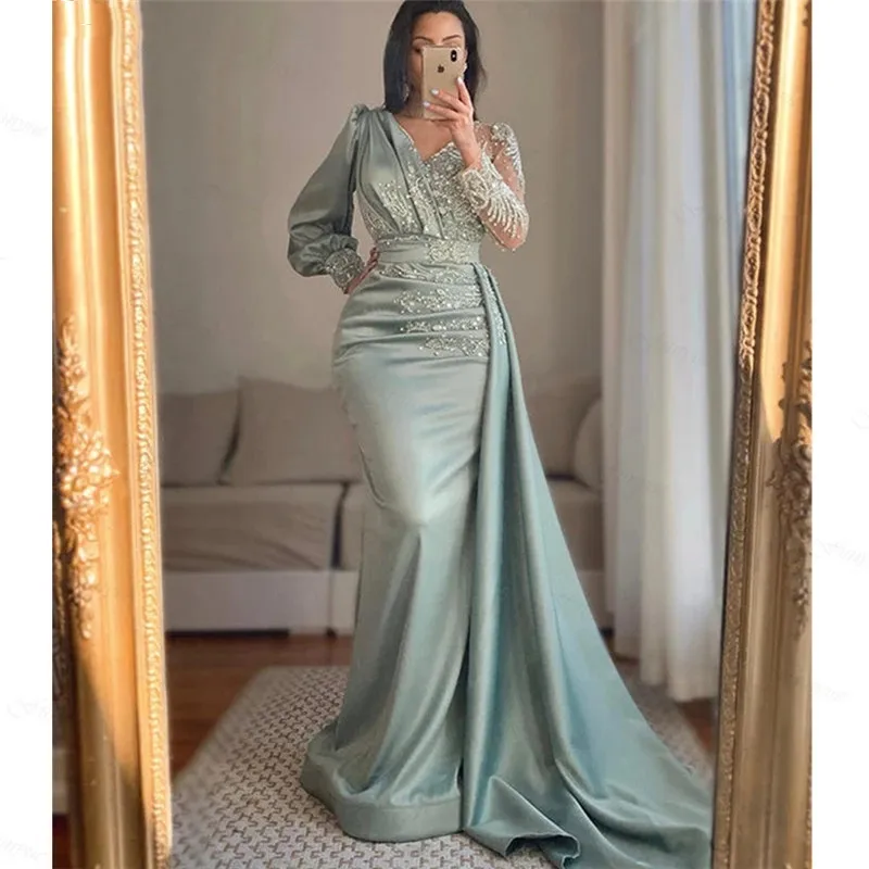 

Очаровательные вечерние платья-русалки с длинным рукавом 2023 блестящие с кристаллами атласные женские Формальные платья для вечеринок