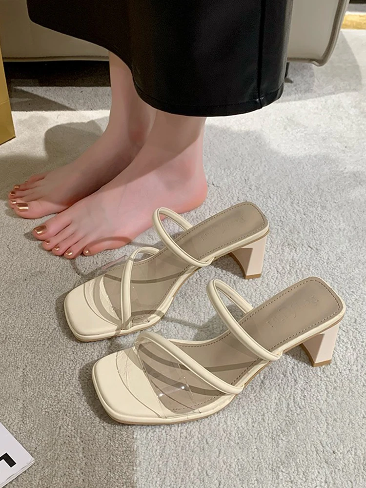 

Туфли женские на высоком каблуке, роскошные шлепанцы, сланцы, дизайнерская прозрачная Летняя обувь из натуральной кожи, резина, ПУ, в римском стиле, Mi, 2023