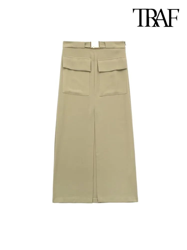 

TRAF Women Fashion With Belt Front Slit Midi Skirt Vintage High Waist Side Zipper Female Skirts Mujer