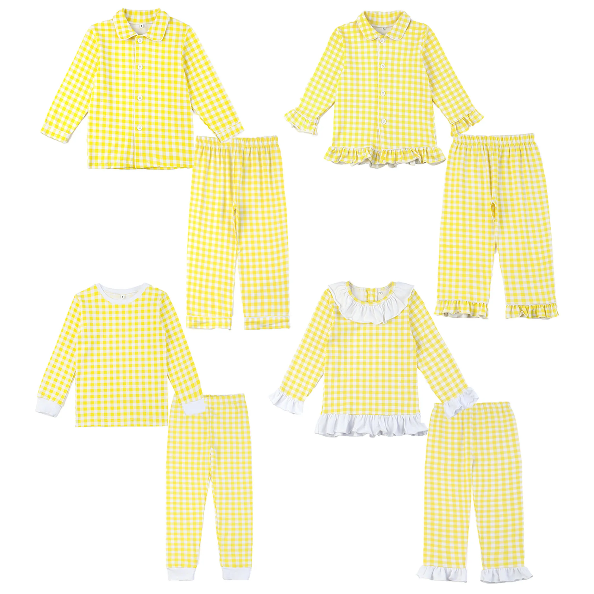 Cheap Baby Toddler Kids Boys And Girls Yellow Checkered Pyjamas Clothes Set Cotton Children Pajamas
