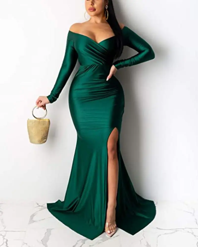 PLEINDI Luxurious Evening Dresses V-Neck Mermaid Long Sleeves Floor-Length Chiffon 2022 New of Exquisite Ruched Prom Wome Dress