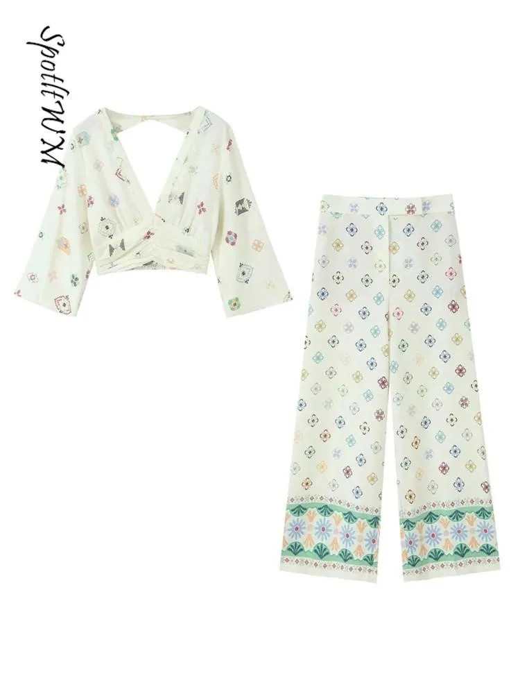 

Printed Long Sleeve High Waist Women's Trousers Set Backless Deep V Neck Casual Top 2 Pieces Sets Summer Pocket Zipper Lady Suit