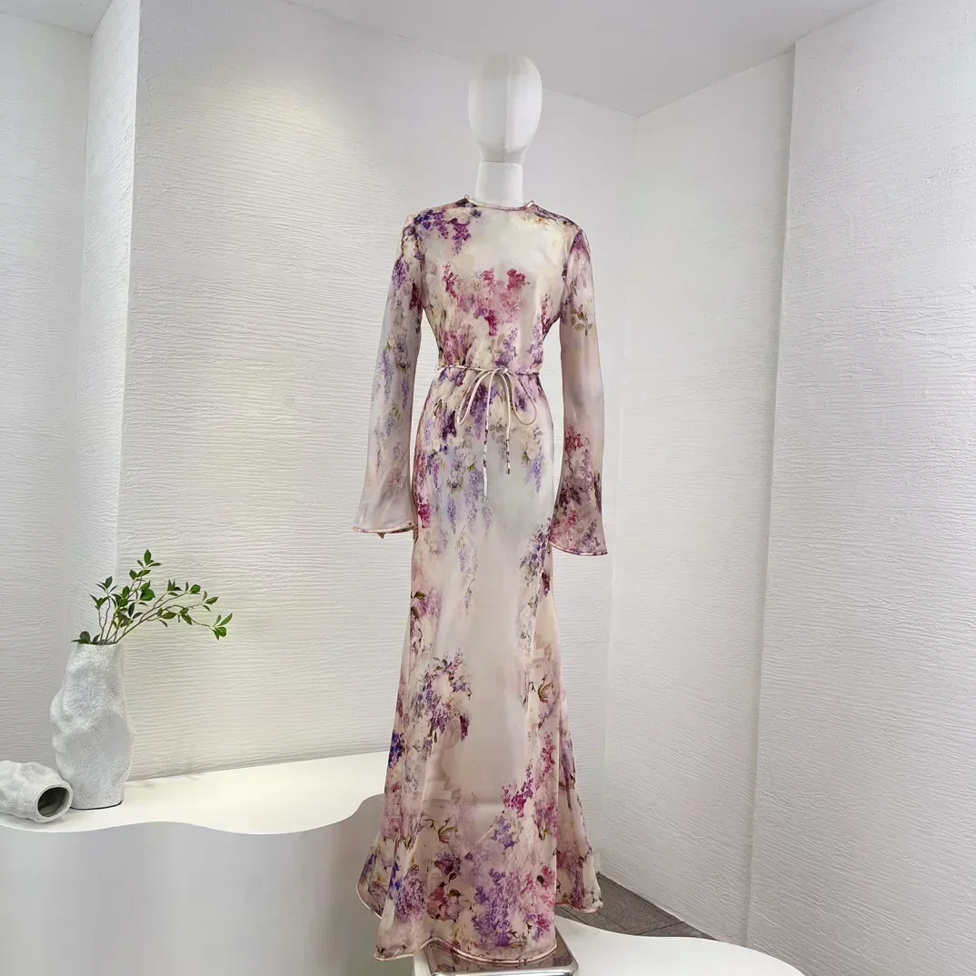 Шелковая органза новые поступления фиолетовое платье с цветочным принтом и