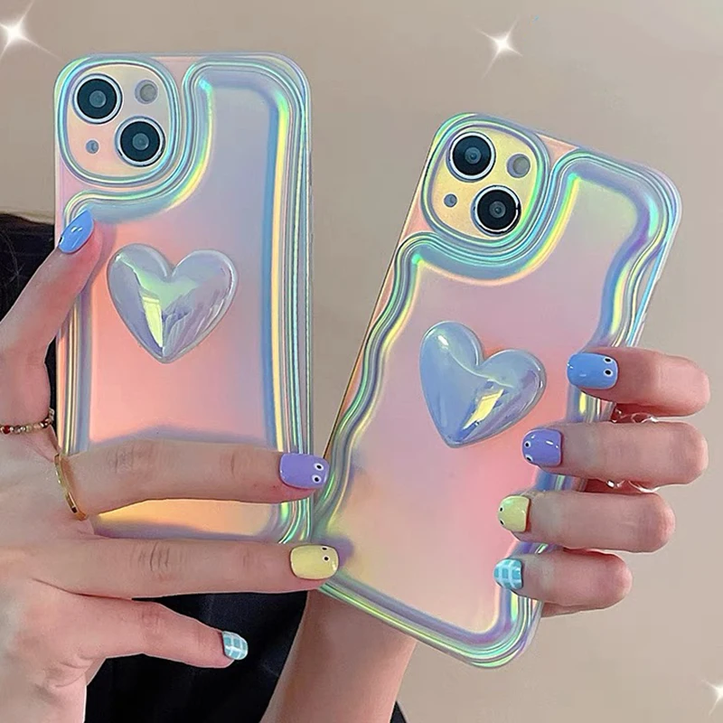 

Laser Glitter Love Heart Shockproof Phone Case For iPhone 12 13 11 14 Pro Max XR XS Max X Fashion wave Edge Cover