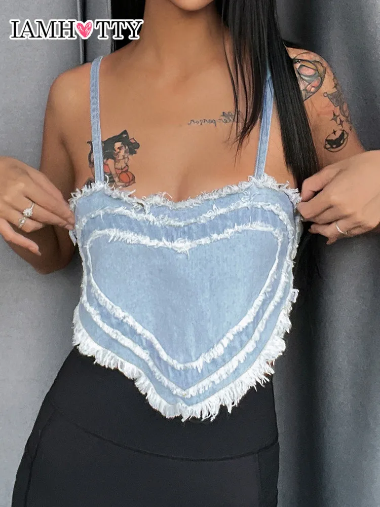 

IAMHOTTY Ripped Heart Shape Y2K Crop Top Women Backless Lace-up Sexy Corset Fairycore Grunge Denim Camis Ladies Clubwear Beach
