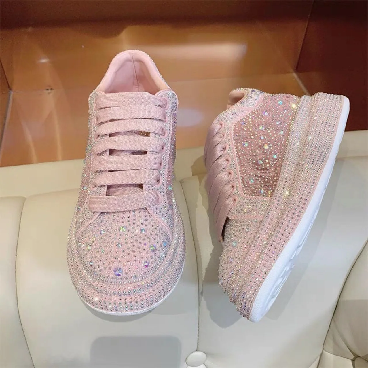 Shoes for Women Tennis Shoes Rhinestone Transparent Crystal Sneakers Women Thick Soles Non-slip Large Size Versatile Shoes 40-43