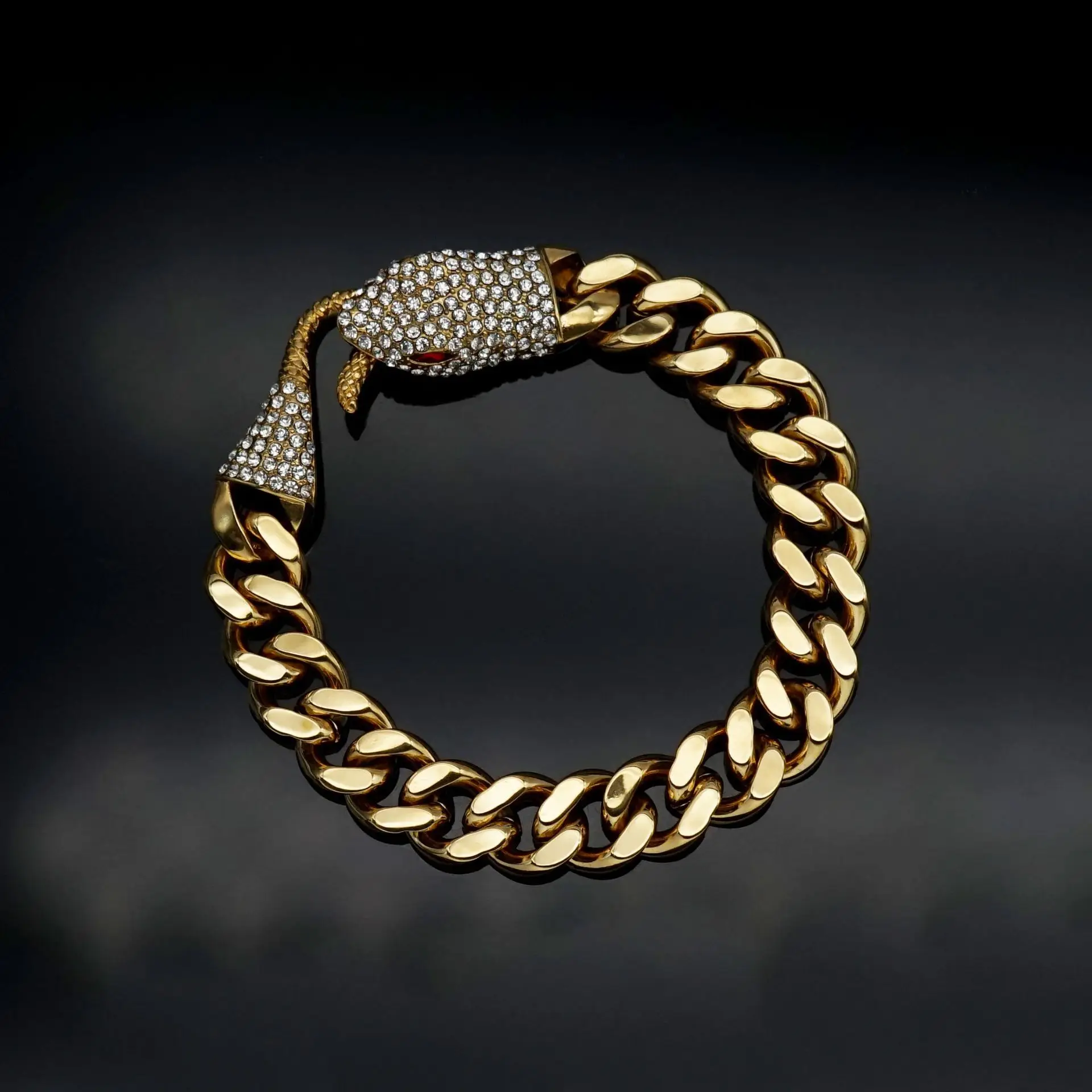 

Red and green Eyes Snake Tail full drill stainless steel Cuban bracelet