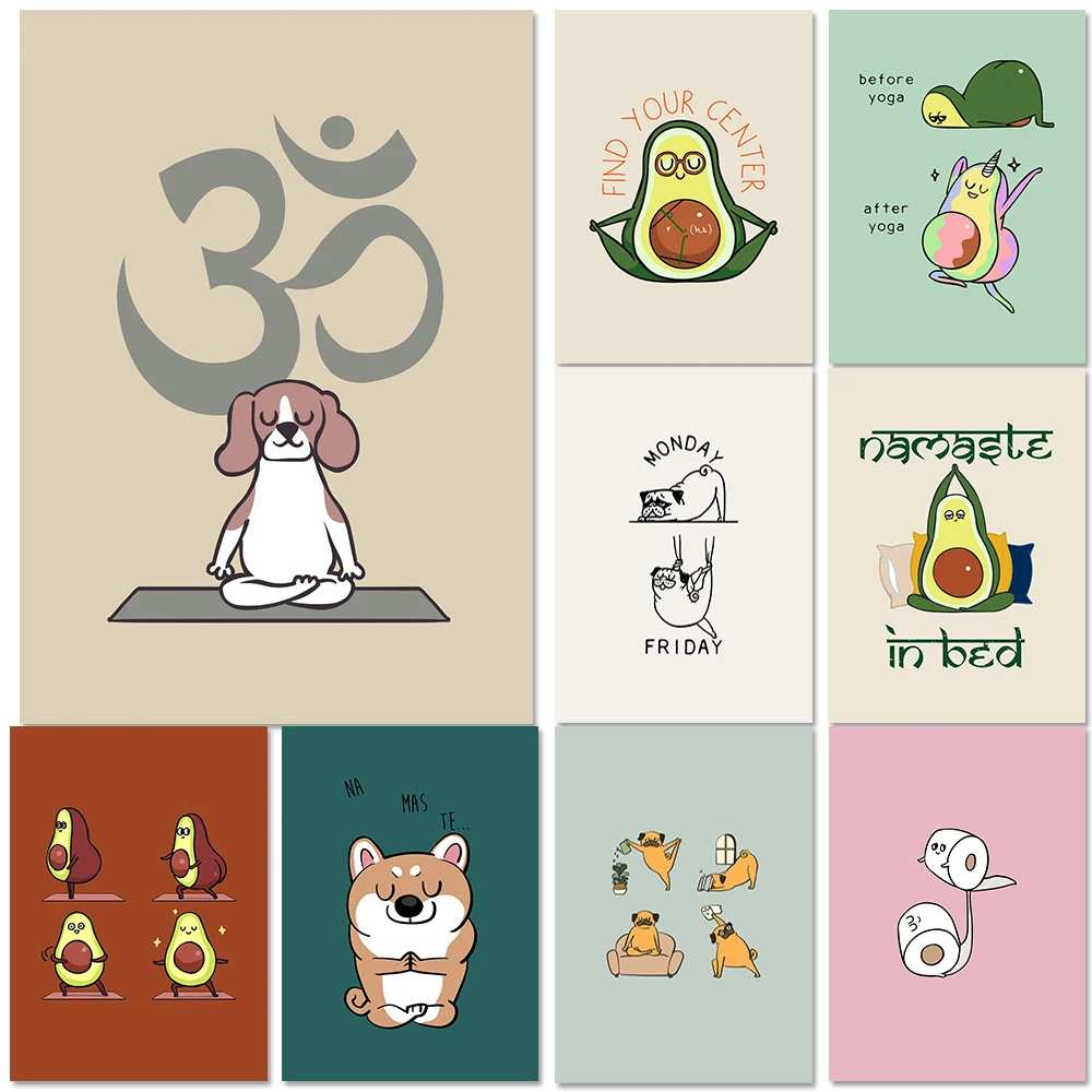 Симпатичные Плакаты для йоги с авокадо бананом брокколи растениями собаками