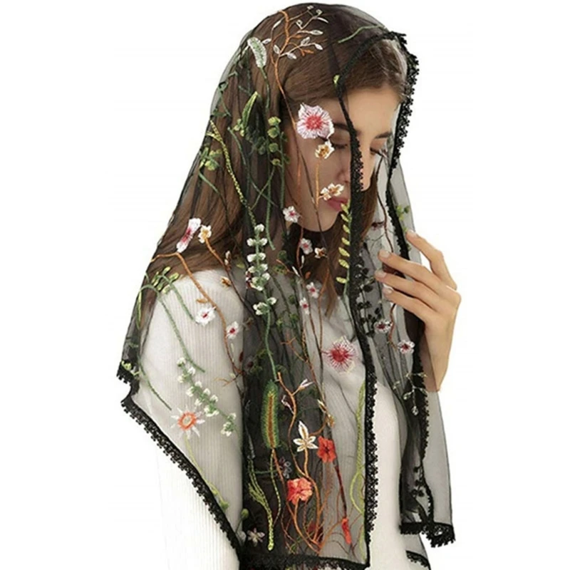 

652F Church Shawl Wraps For Women Embroidered Floral Shawl Headcovering Scarf Floral sheer Shawl Headscarf Tudung Hijab