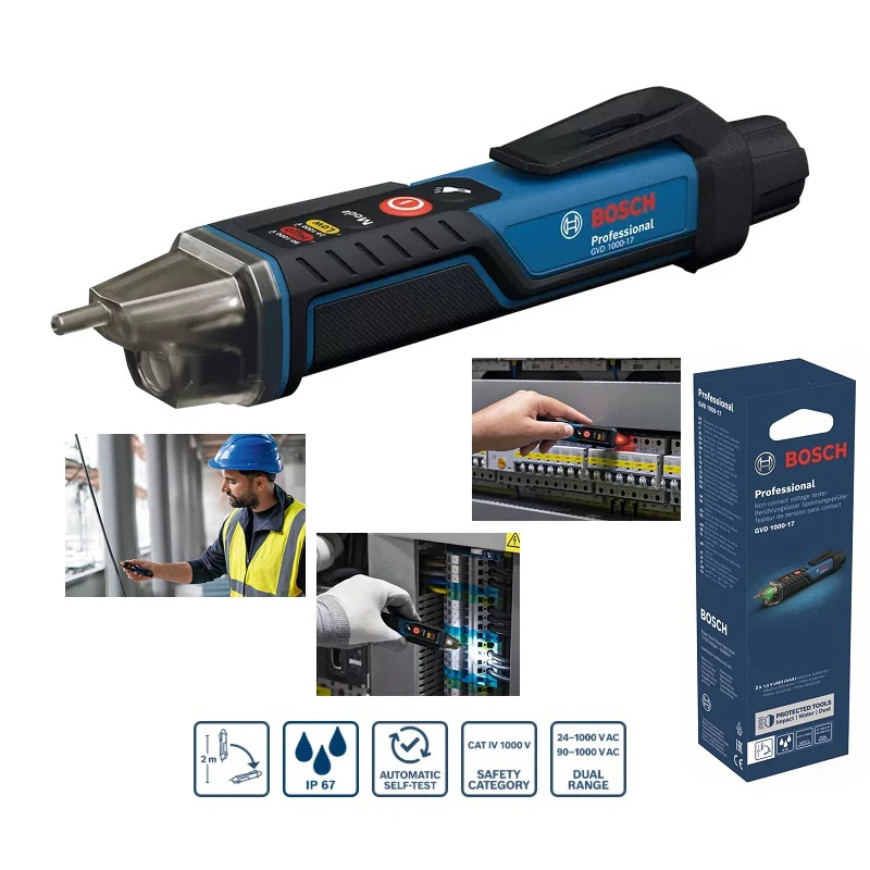 Фото BOSCH GVD1000-17 Профессиональный бесконтактный тестер напряжения Прочный рейтинг IP67 Водонепроницаемый пылезащитный электроинструмент №3