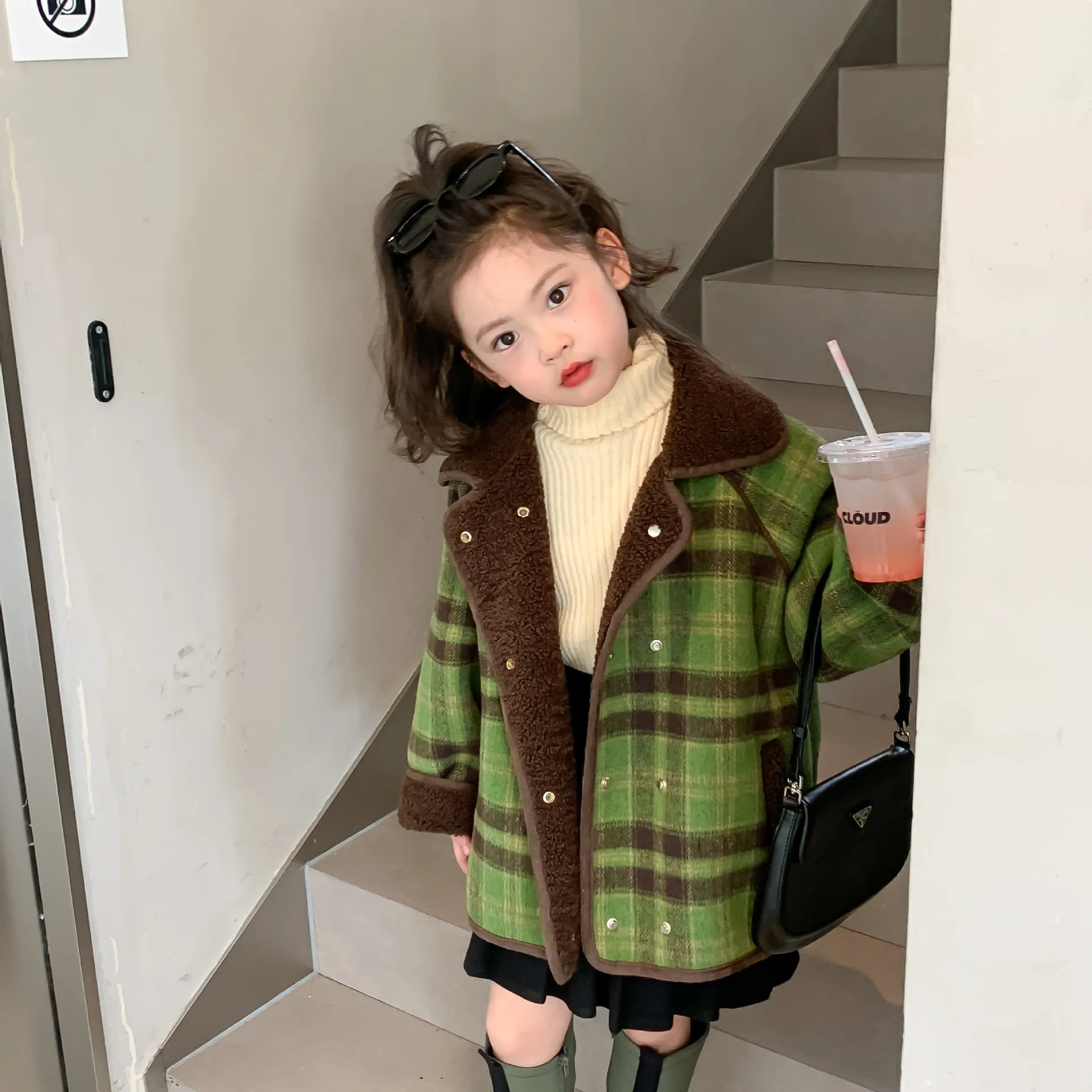 

MILA CHOU 2022 Winter Girls Thick Warm Fashion Green Plaid Coat Children Lapel Jacket Top Kids Clothes 2-8Y