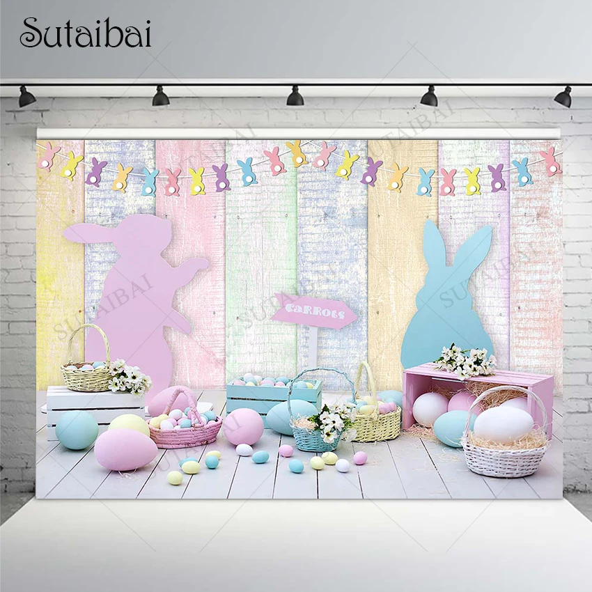 

Spring Easter Backdrop Rabbit Flowers Coloreed Eggs Wood Board Photography Newborn Baby Shower Photo Background Studio Props