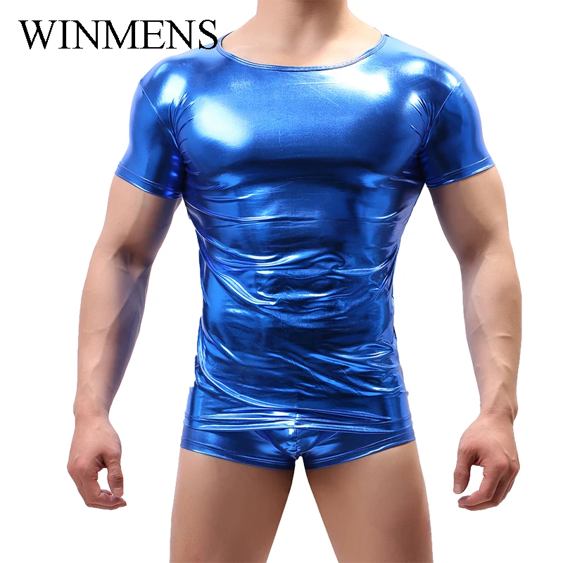 

Men's T-Shirt Fashion Faux Leather Short Sleeve Muscular Shirts Funny Fitness Close-fitting Dance Show Clothing Novelty Tops