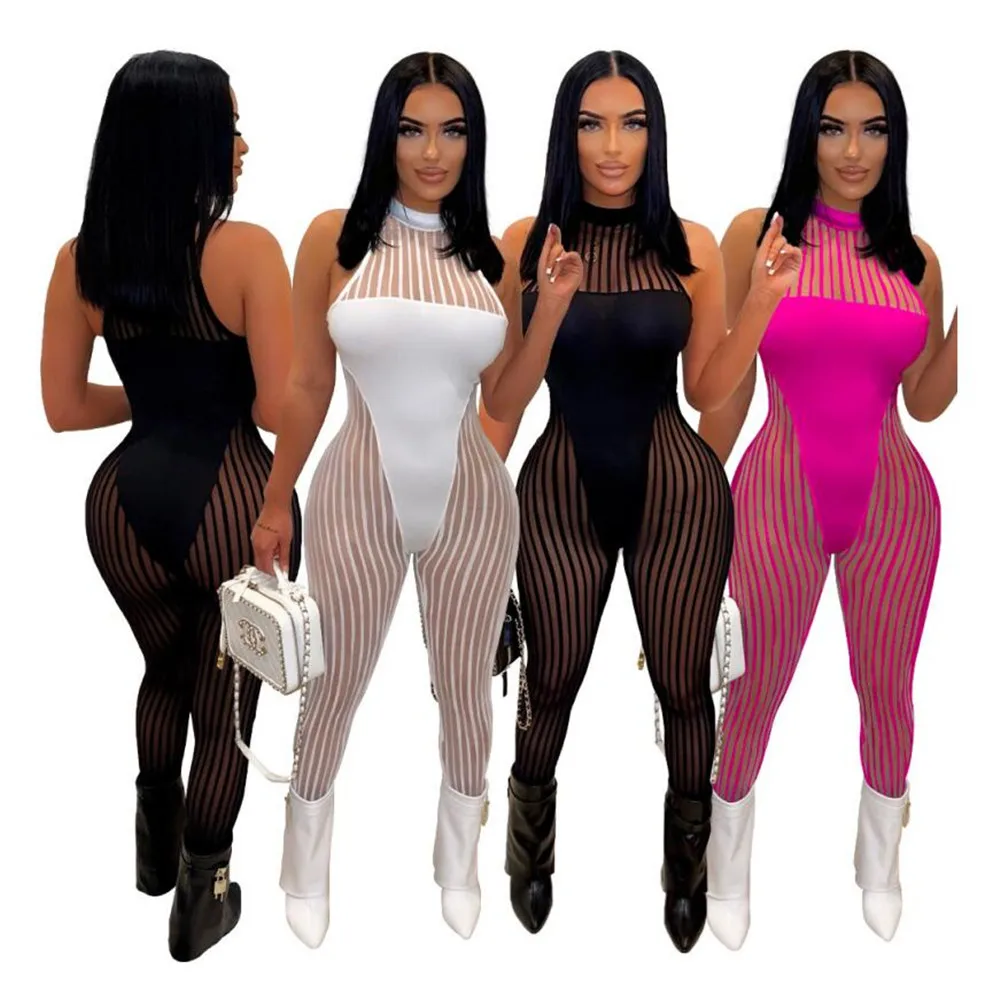 

5 PCS Wholesale Mesh Splice Jumpsuits Women Sexy See Through Bodysuits Turtleneck Bodycon Romper Pants Solid Color Overalls 8014