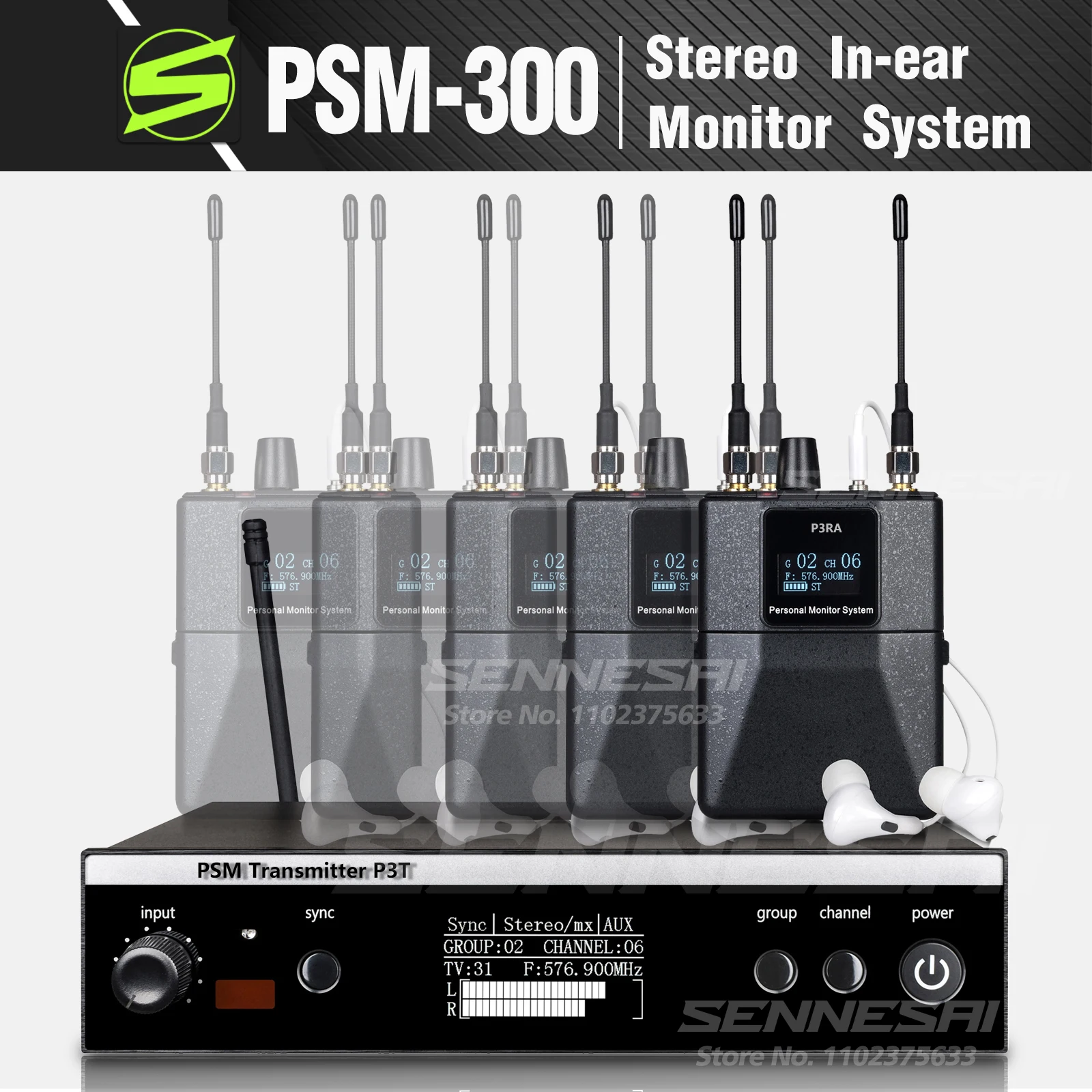 

SENNESAI PSM300 Stereo Wireless UHF In-Ear Monitoring System For Bands 500MHz 100mW 24-Bit Digital DSP Processor Audio
