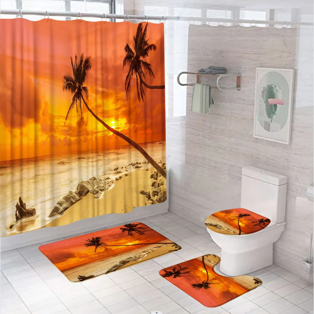 

Ocean Sunset Shower Curtain Sets Non-Slip Rug Toilet Cover Bath Mat Beach Tropical Palm Tree Coastal Wave Scenery Bathroom Decor