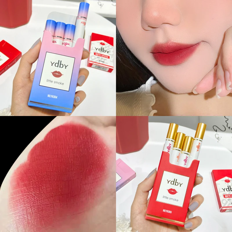 

YbdY Creative Cigarette Lipstick Set 4 Colors Matte Long Lasting Waterproof Matt Lip Stick Tube Nude Red Lips Makeup