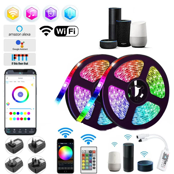 5050 RGB WIFI LED Strip Lights 20M Led Light Alexa Wifi Flexible Tape LED Diode Ribbon For Room Decoration BackLight For TV