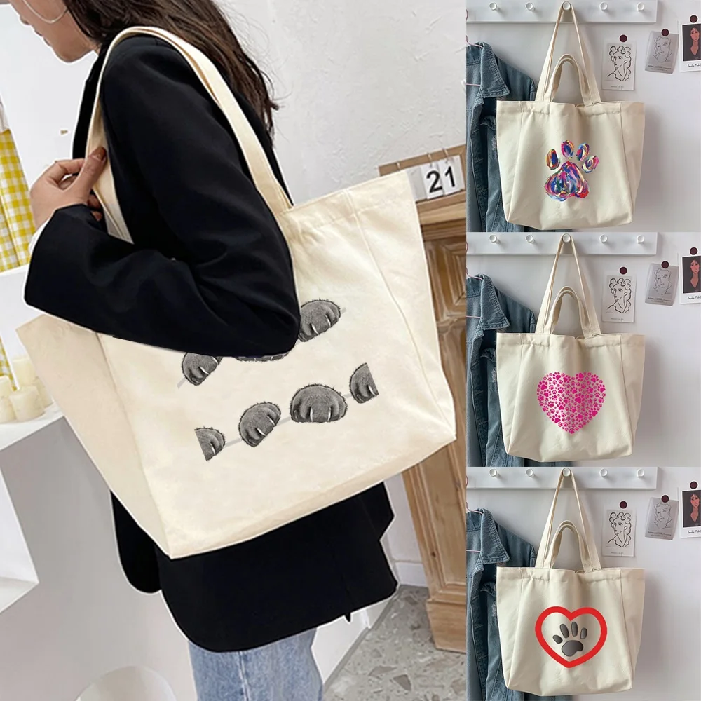 

Women Canvas Shopping Bag Dog Footprints Print Female Shoulder Bag Eco Handbag Tote Reusable Grocery Large-capacity Shopper Bags