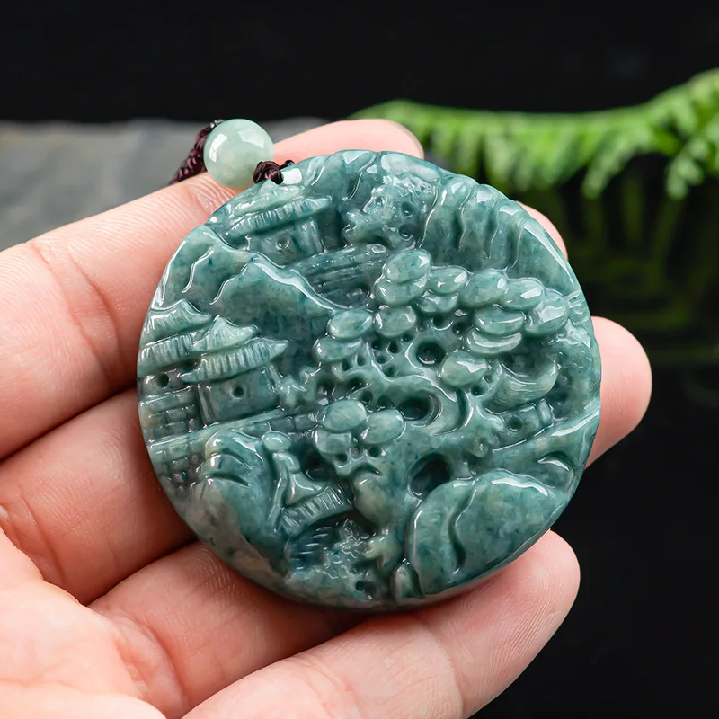 

Burmese Jade Landscape Pendant Charm Jewelry Choker Amulets Vintage Gift Natural Emerald Necklace Luxury Green Jadeite