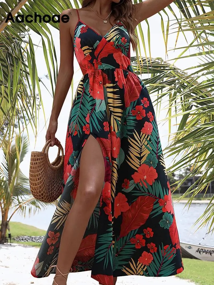 

Платье-Макси женское летнее на бретельках с V-образным вырезом и открытой спиной