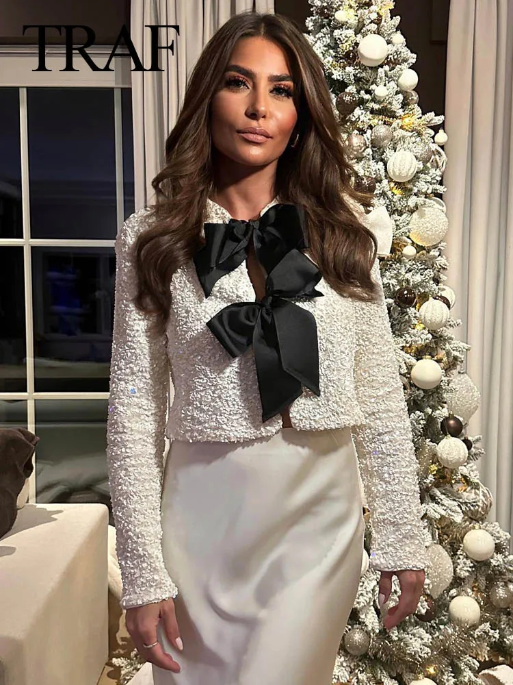 Блузка женская однотонная с длинным рукавом круглым вырезом и блестками