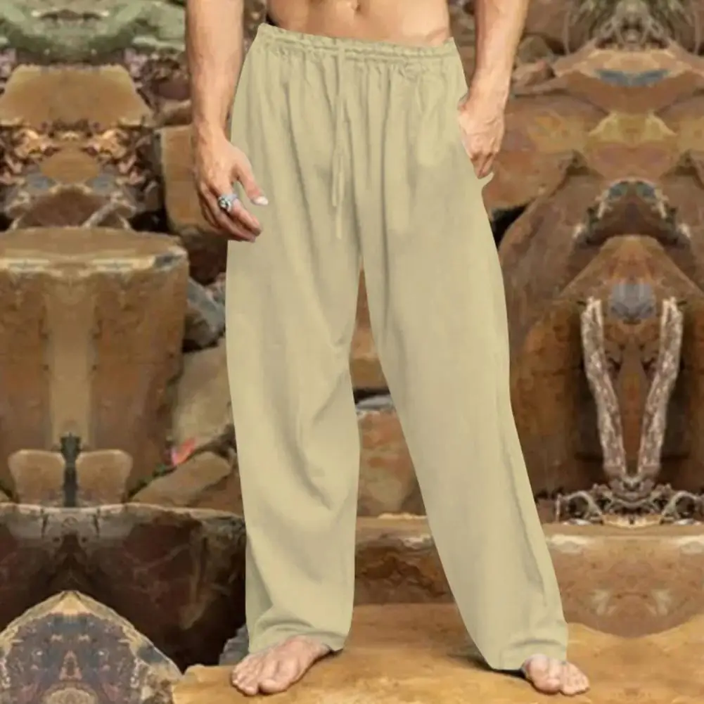 

Side Pocket Pants Streetwear Men's Elastic Waist Straight Wide Leg Sport Trousers Casual Long Pants in Solid Colors Mid-rise