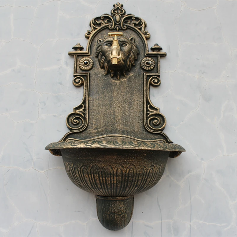 

European Home Garden Decor Antique Gold Cast Iron Wall Mounted Oval Hand Sink With Embossed Lion Face Pattern Around Water Inlet