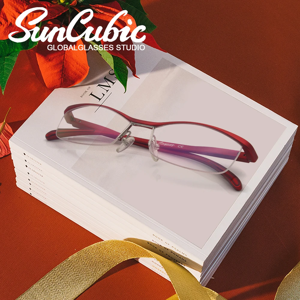 

Extremely Light Streamline Red Purple Orange Eyeglasses Fashion Women Optical Half Frame Aluminum MOD1141