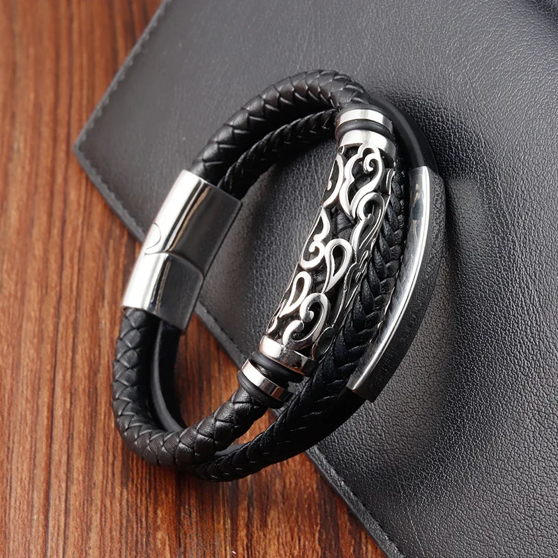 

Мужской плетеный браслет из воловьей кожи, из нержавеющей стали