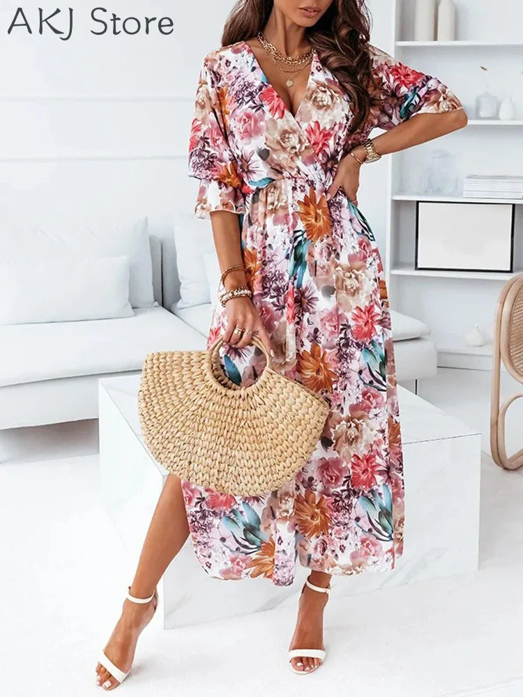 

Floral Print V-Neck Puff Sleeve Split Hem Wrap A-Line Dress