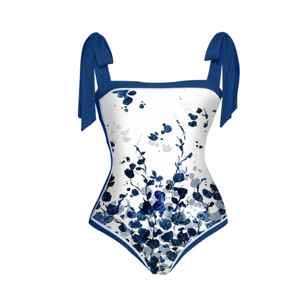 Blue Bow Strap Gradient Flower Print Bikini Square Neck Retro Sexy One-Piece Swimsuit Women's Fashion Backless Beachwear