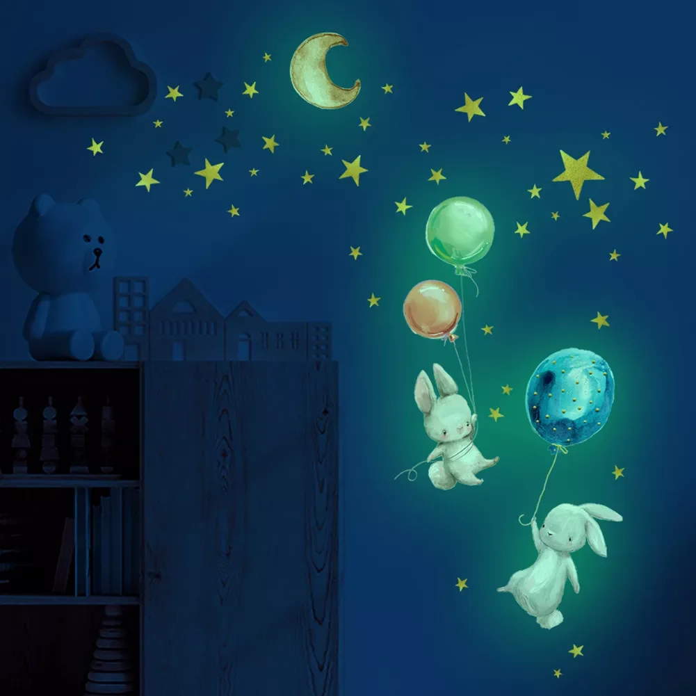 

NEW2022 Cartoon Bunny Balloon Wall Sticker Bedroom Living Room Home Decoration Kids Room Wallpaper Glow In The Dark Cute Rabbit
