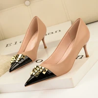 6 5cm fashion new thin high heels rivets women pumps pointed toe color matching ladies dress single shoes zapatillas de mujer