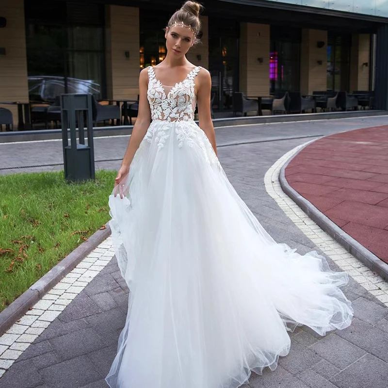 

Simplicity Wedding Dress Organza With Embroidery A-line Beach Ball Gown Strapless Detachable Puff Sleeves Bride Dress Lace Up