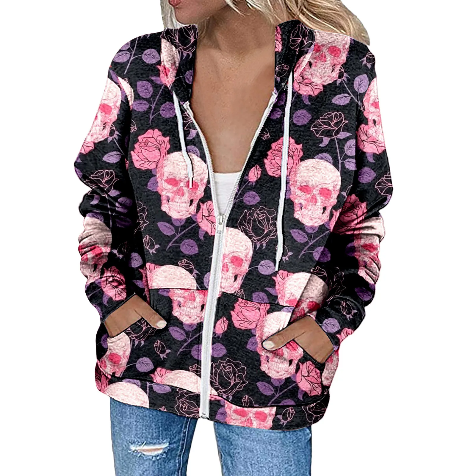 

Autumn Hoodie Pink Skull Head Hooded Gothic Fashion Sweatshirts Long Sleeve Top Drawstring Pockets Loose Zipper Black Hoodies