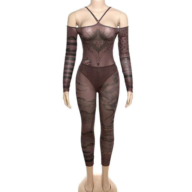 Цельный комбинезон на плечо и брюки сетчатый костюм с принтом + брючный
