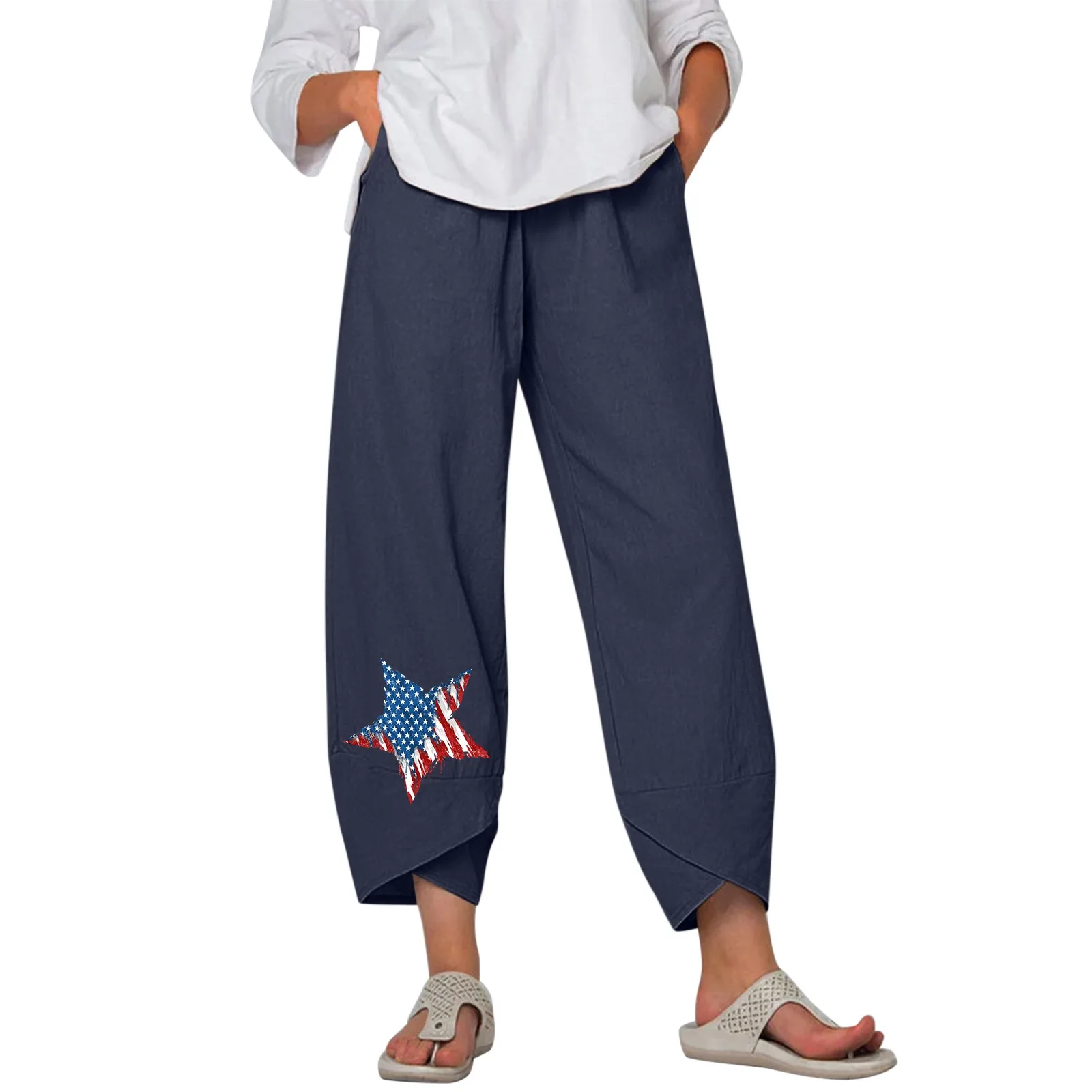Streetwear Wide Leg Trousers Women American Flag Print Cotton Linen Pants Loose Elastic Waist Pockets Casual Harem Pants Bottoms