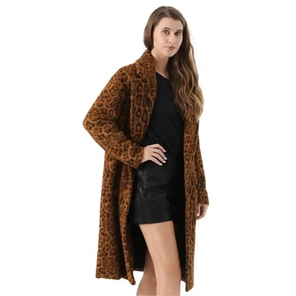 Women Winter Real Fur double-breasted Jacket Long With Pocket Trench Coat Leopard Print Designer Elegant women's Clothing