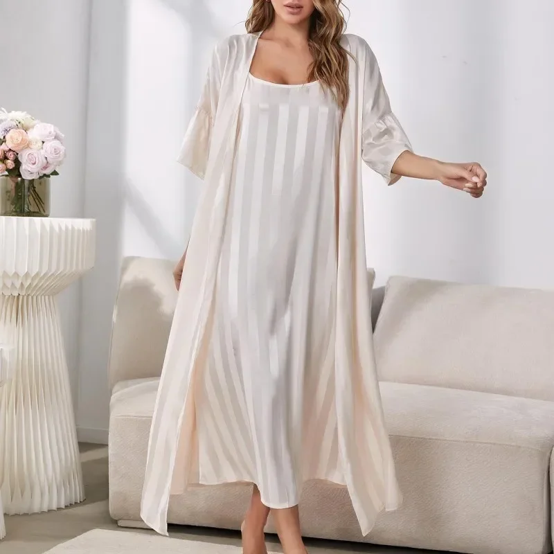 Женские шелковые атласные комплекты халатов в полоску роскошная длинная одежда