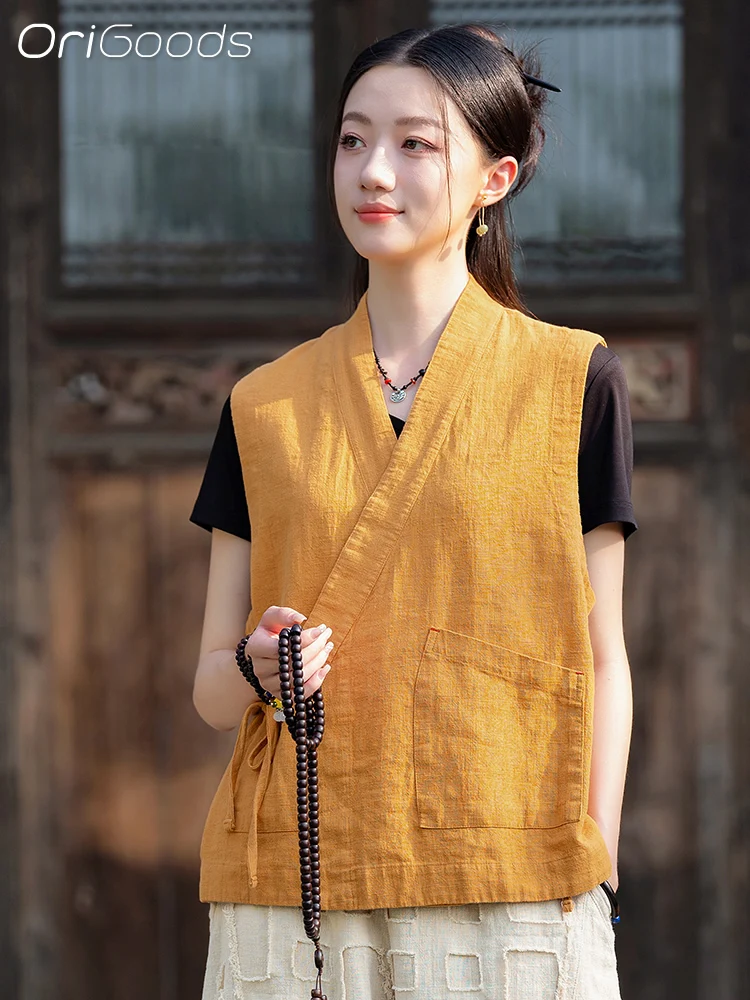OriGoods Ramie жилет женский рубашка без рукавов в китайском стиле 2024 новый свободный