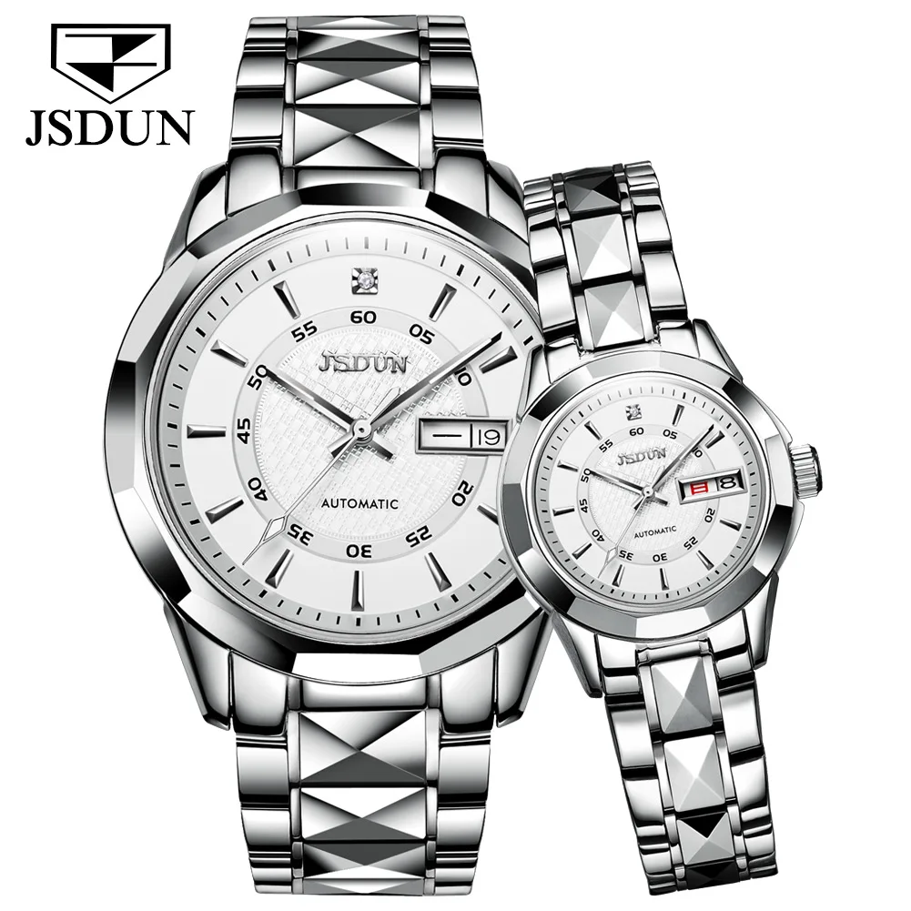 JSDUN Couple Automatic Mechanical Watch Sapphire Mirror Tungsten Steel Strap Luxury Couple Watch Gift His and Hers