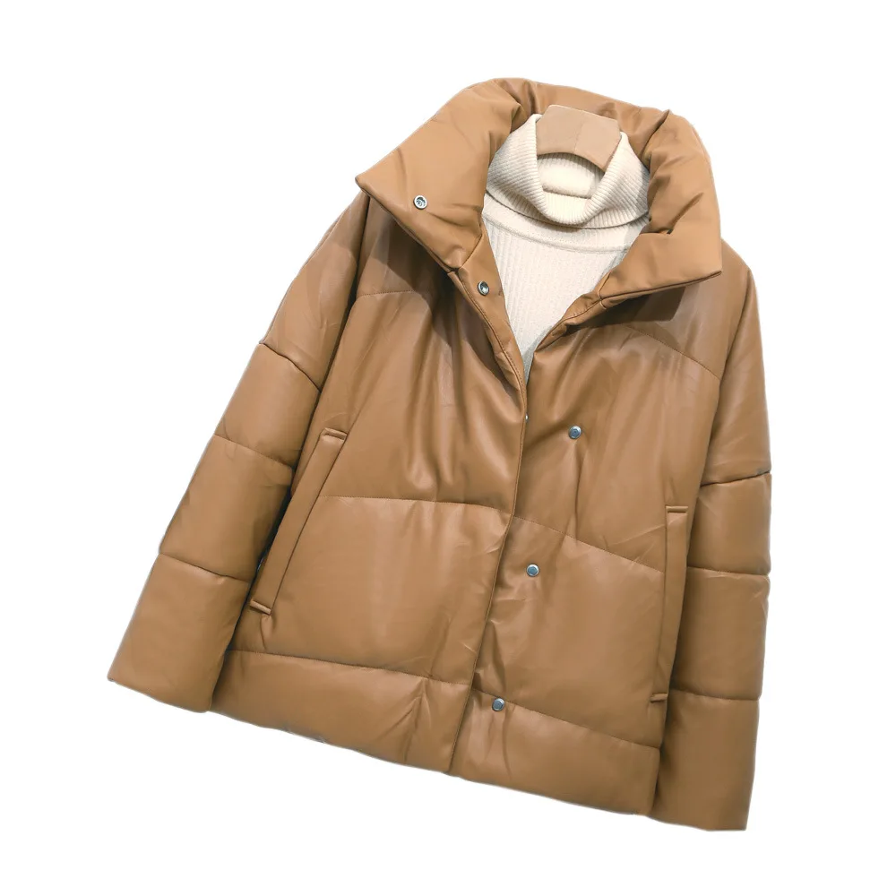 2022 Winter New Women's PU Leather Cotton Shirt Single Breasted Stand Collar Short Leather Jacket Slim Fit Jacket